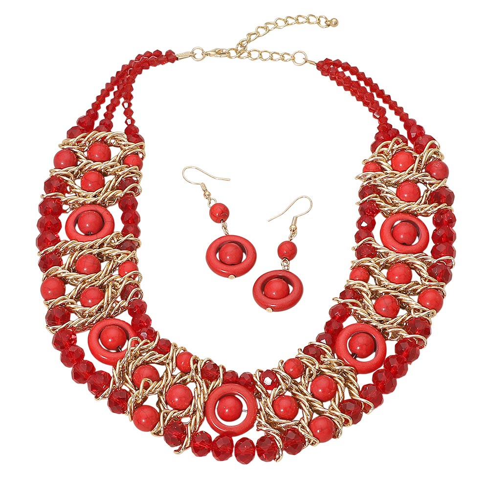 Madeline Love Gold, Red Multi Strand Beaded Statement Necklace - Necklaces - desc