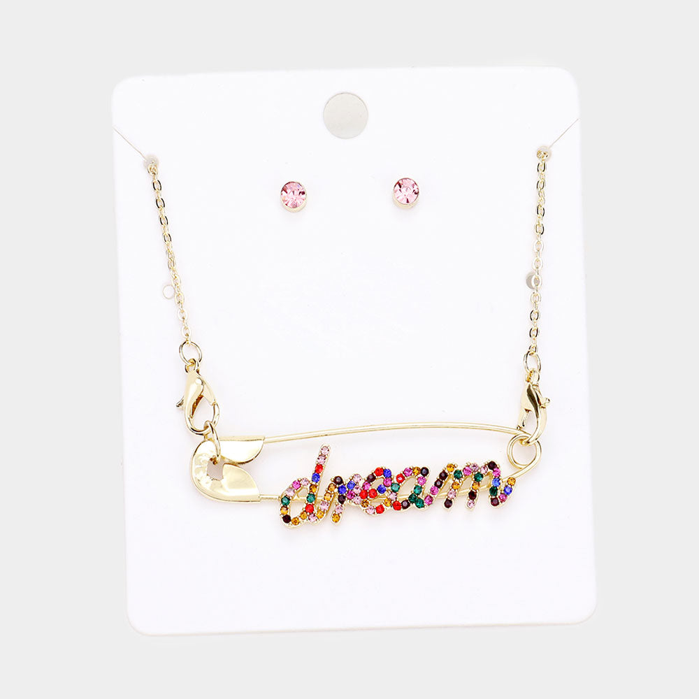 Madeline Love Gold, Multi Dream Rhinestone Pave Safety Pin Pendant Necklace - Necklaces