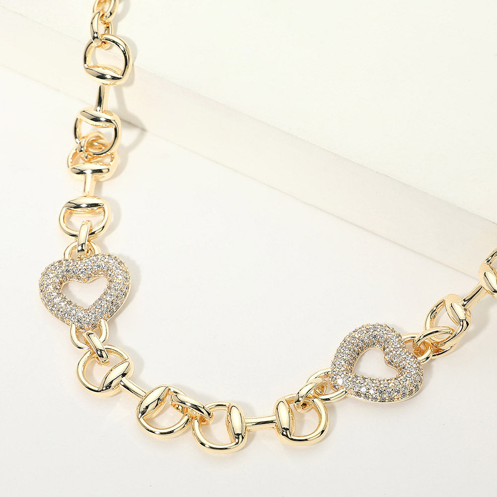 Madeline Love Gold 14K Gold Plated CZ Pave Open Heart Charm Horsebit Link Bold Chain Necklace