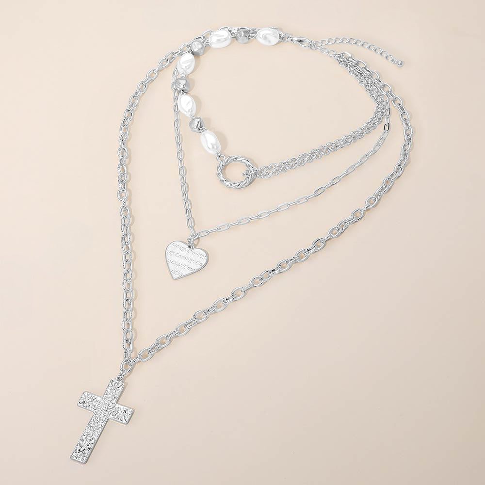 Madeline Love Worn Silver Textured Metal Cross Heart Charm Pendant Accent Pearl Beaded Layered Necklace