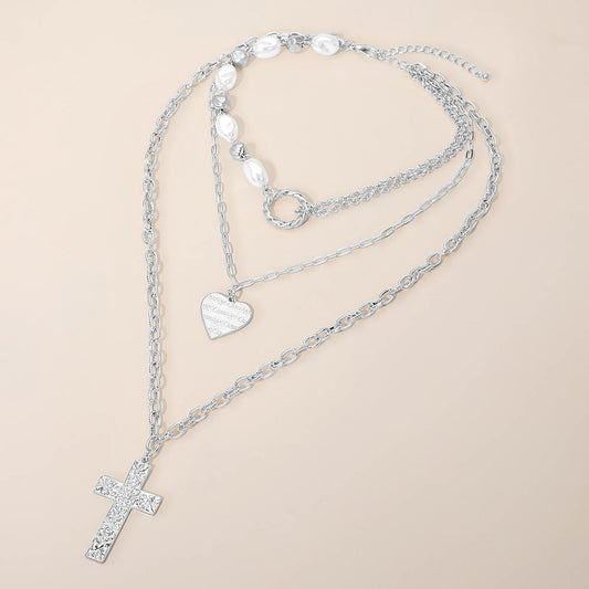 Madeline Love Worn Silver Textured Metal Cross Heart Charm Pendant Accent Pearl Beaded Layered Necklace