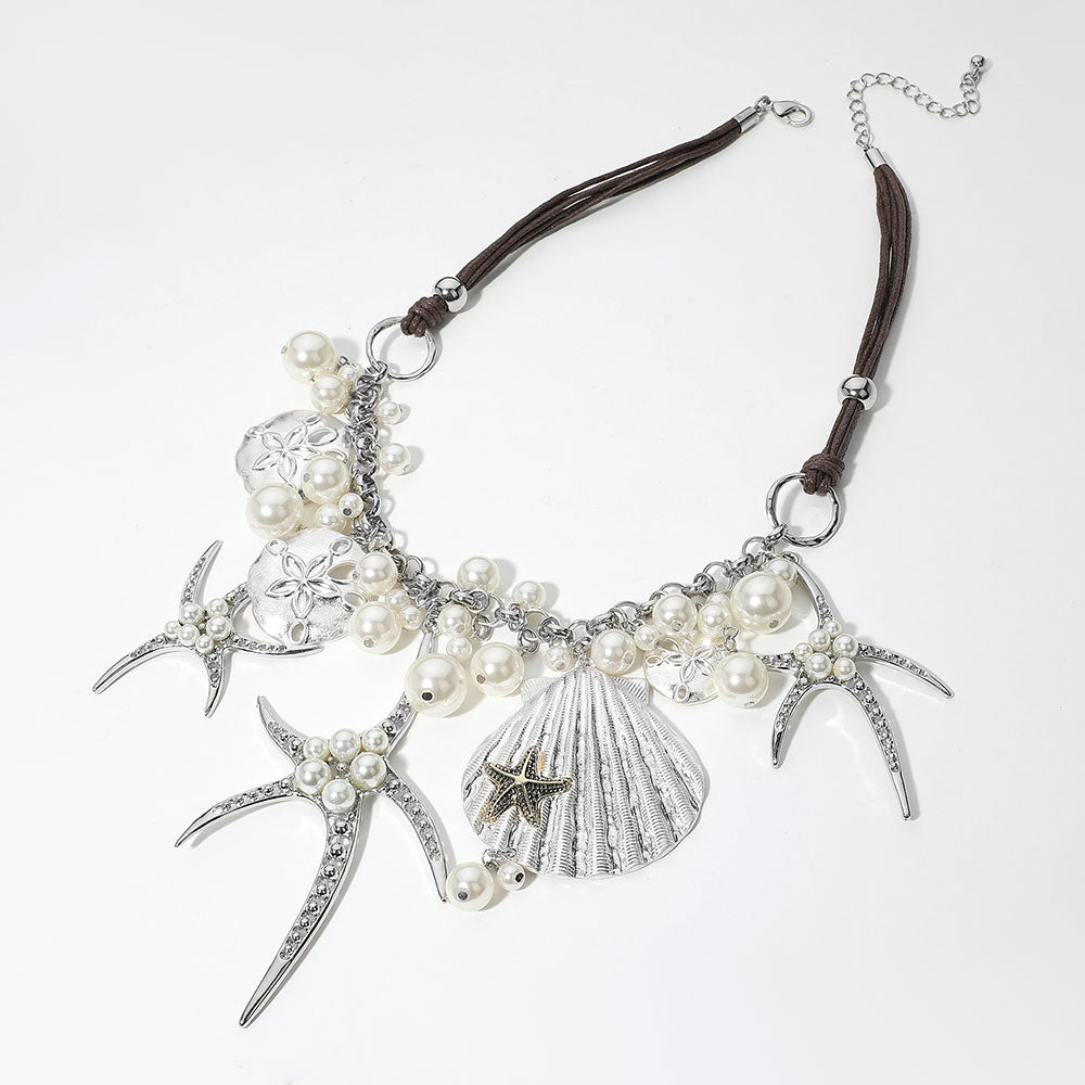 Rhodium, Worn Silver Pearl Embellished Starfish Shell Pendant Beaded Statement Necklace