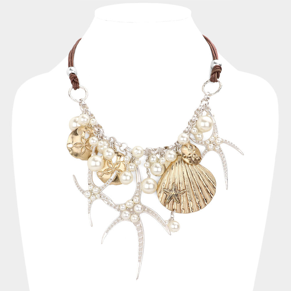 Worn Gold, Worn Silver Pearl Embellished Starfish Shell Pendant Beaded Statement Necklace