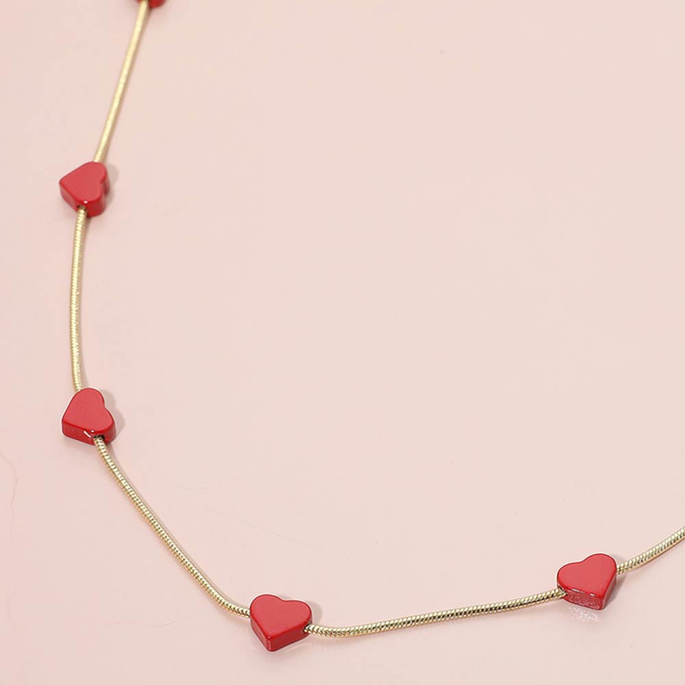 Madeline Love Gold, Red Flat Heart Charm Station Necklace - Necklaces
