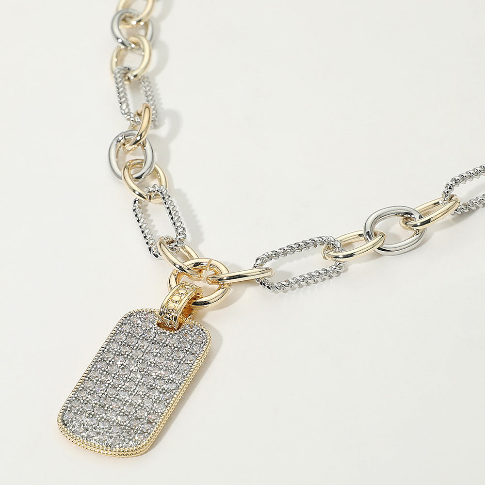Madeline Love Two Tone 14K Gold Plated Two Tone CZ Stone Paved Dog Tag Pendant Chunky Chain Necklace