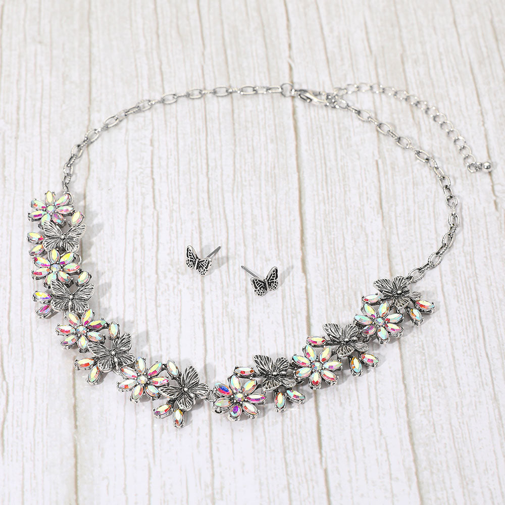 Madeline Love AB, Silver Burnished Boho Floral Butterfly Link Necklace - Necklaces