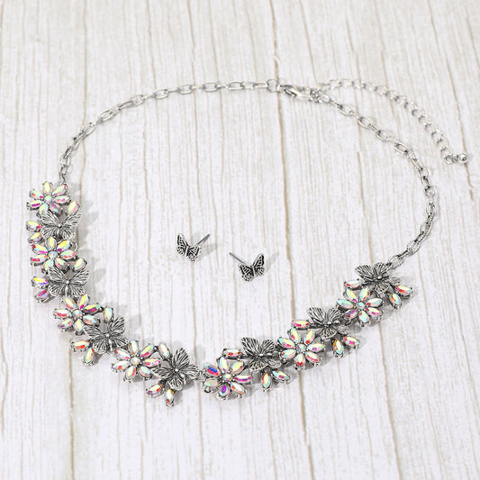 Madeline Love AB, Silver Burnished Boho Floral Butterfly Link Necklace - Necklaces