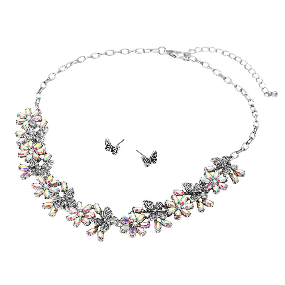 Madeline Love AB, Silver Burnished Boho Floral Butterfly Link Necklace - Necklaces - desc