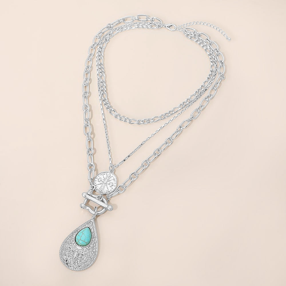 Madeline Love Worn Silver Turquoise Stone Accent Textured Metal Teardrop Toggle Pendant Coin Charm Multi Layered Necklace