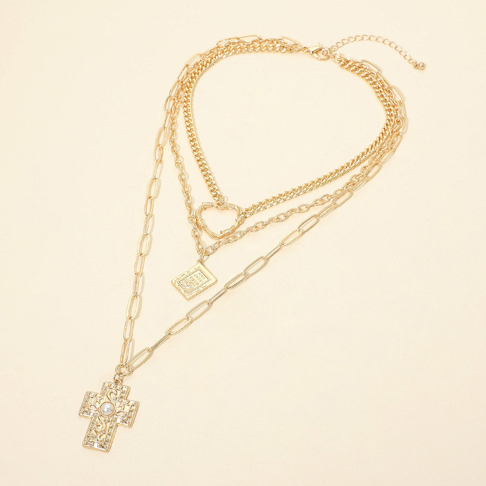 Madeline Love Worn Gold Hammered Metal Pearl Center Cross Bible Book Open Heart Pendant Accent Layered Statement Necklace