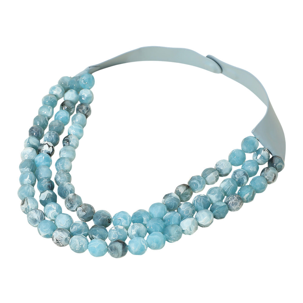 Blue Chunky Acrylic Beaded Triple Layered Faux Leather Magnetic Necklace