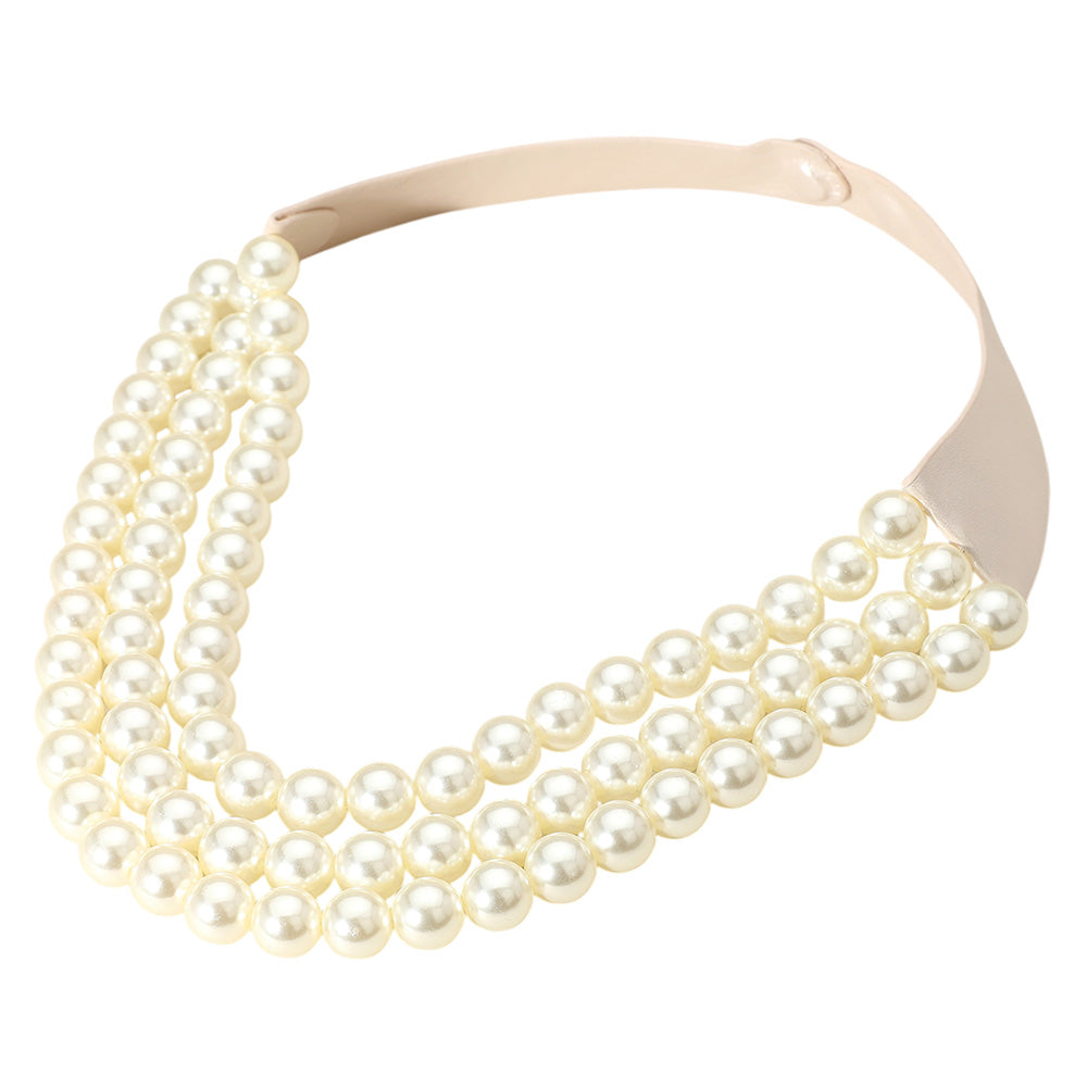 Cream Chunky Acrylic Beaded Triple Layered Faux Leather Magnetic Necklace