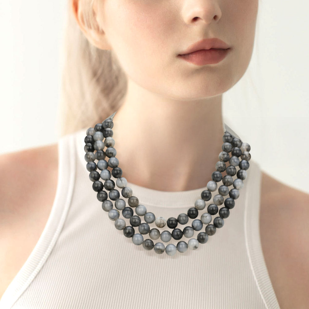 Black, Gray Chunky Acrylic Beaded Triple Layered Faux Leather Magnetic Necklace