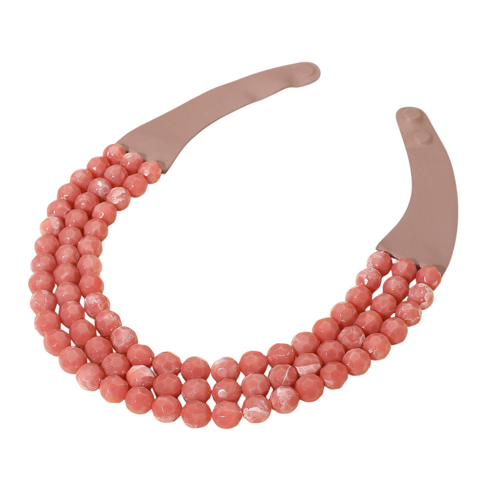 Dust Pink Chunky Acrylic Beaded Triple Layered Faux Leather Magnetic Necklace