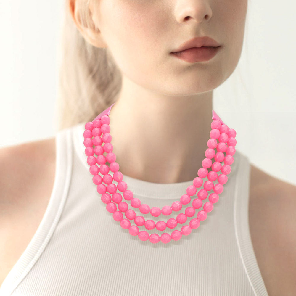 Fuchsia Chunky Acrylic Beaded Triple Layered Faux Leather Magnetic Necklace