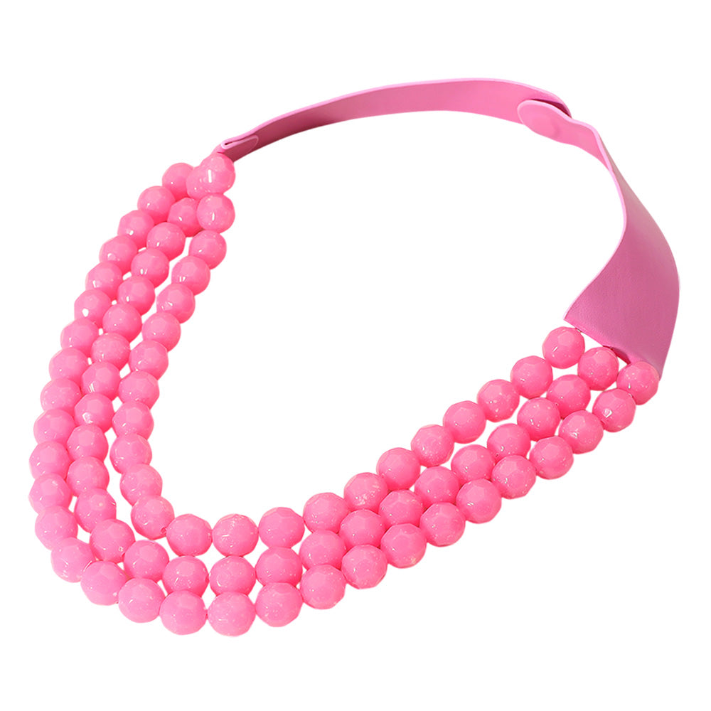 Fuchsia Chunky Acrylic Beaded Triple Layered Faux Leather Magnetic Necklace