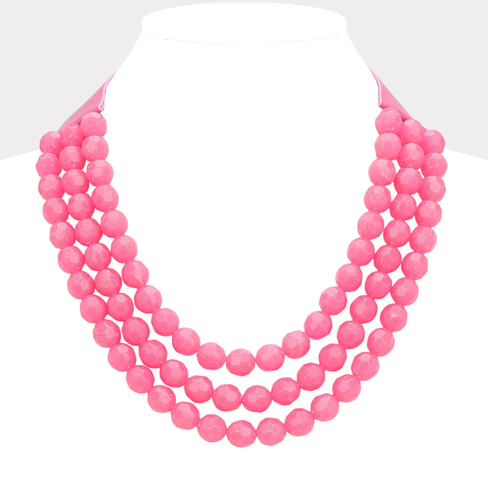 Fuchsia Chunky Acrylic Beaded Triple Layered Faux Leather Magnetic Necklace