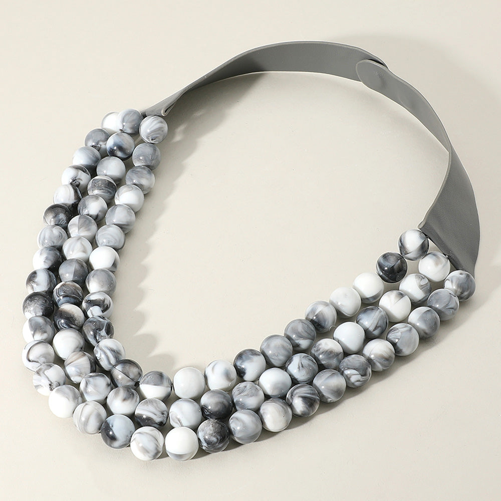 Gray White Chunky Acrylic Beaded Triple Layered Faux Leather Magnetic Necklace