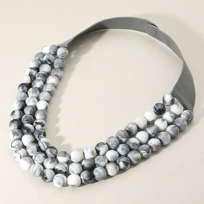Gray White Chunky Acrylic Beaded Triple Layered Faux Leather Magnetic Necklace