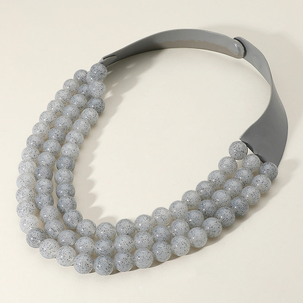 Gray Chunky Acrylic Beaded Triple Layered Faux Leather Magnetic Necklace