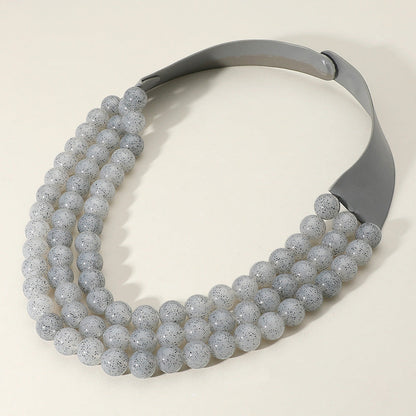 Gray Chunky Acrylic Beaded Triple Layered Faux Leather Magnetic Necklace