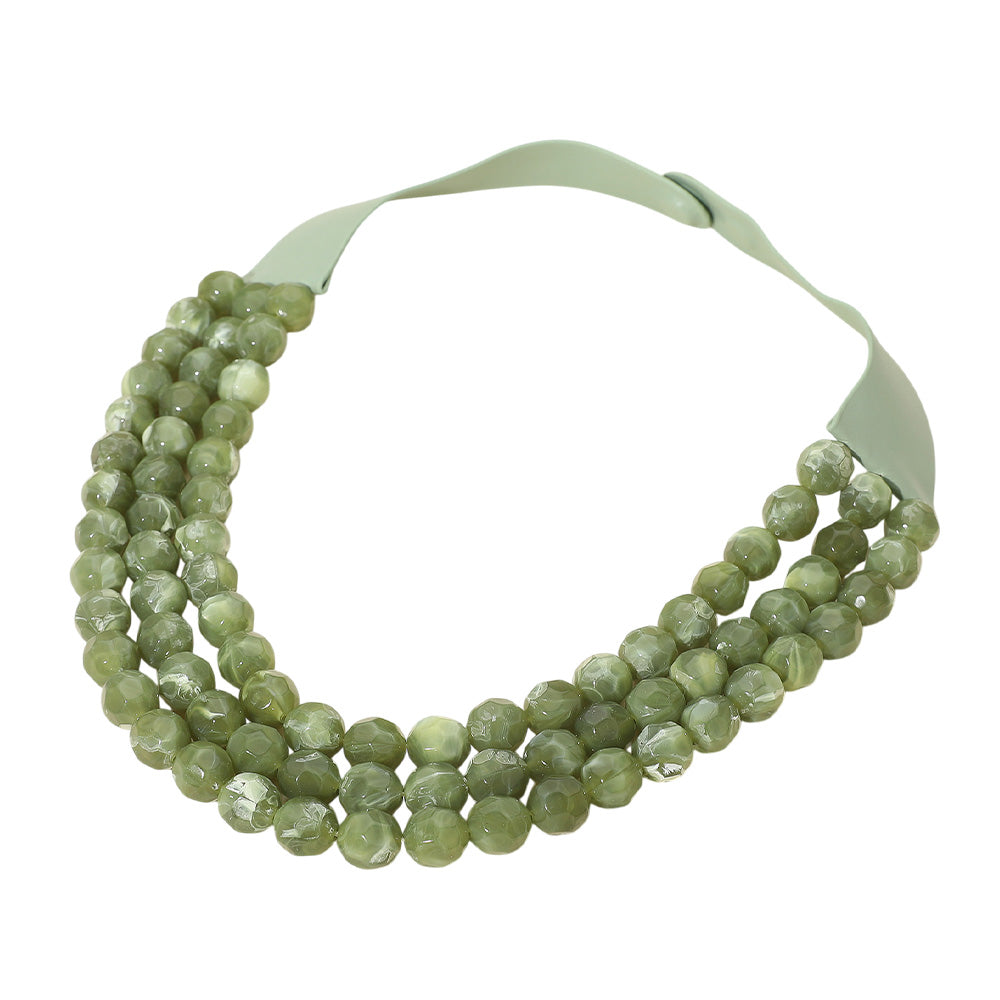 Chunky Acrylic Beaded Triple Layered Faux Leather Magnetic Necklace - Olive Green - Jewelry