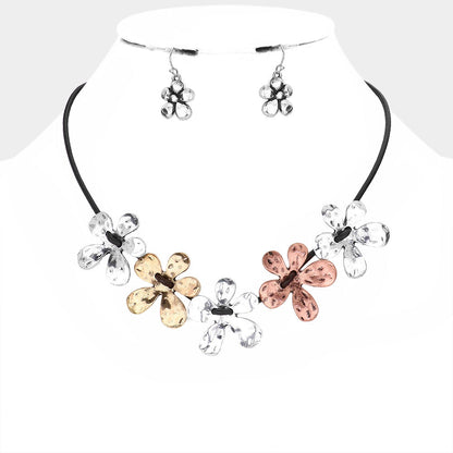 Madeline Love Three Tone Metal Flower Cord Necklace - Necklaces