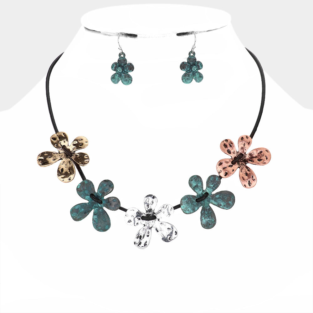 Madeline Love Patina Verdigris Metal Flower Cord Necklace - Necklaces