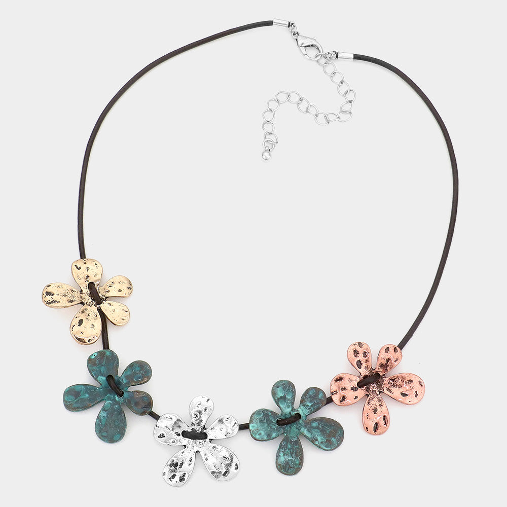 Madeline Love Patina Verdigris Metal Flower Cord Necklace - Necklaces - desc