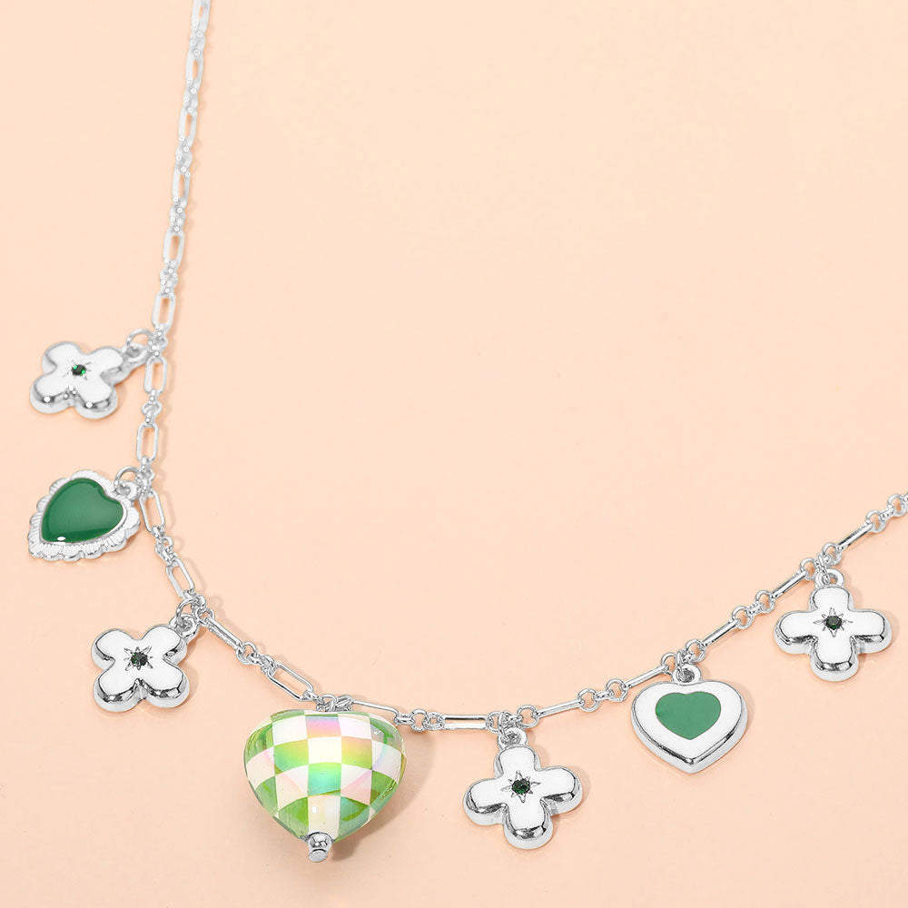 Madeline Love Rhodium Heart Flower Motif Charm Staton Necklace - Necklaces