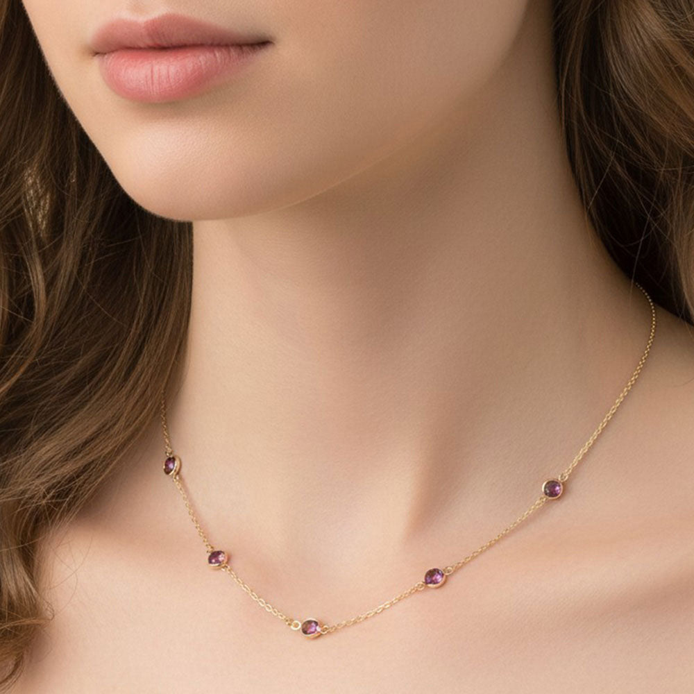 Madeline Love Amethyst , Gold Delicate Stone Bezel Station Necklace