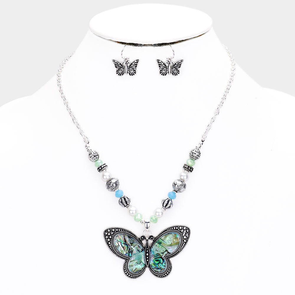 Madeline Love Abalone, Antique Silver Abalone Butterfly Beaded Necklace - Necklaces