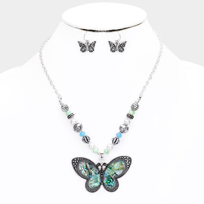 Madeline Love Abalone, Antique Silver Abalone Butterfly Beaded Necklace - Necklaces