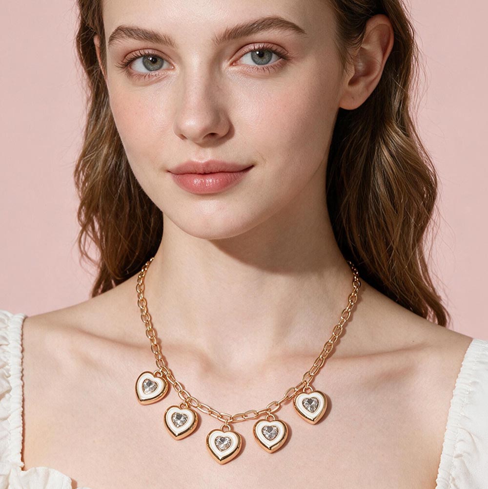 Madeline Love Clear, Gold Heart Charm Station Paperclip Chain Necklace