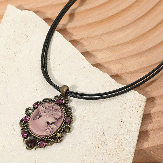 Madeline Love Purple Vintage Cameo Pendant Double Waxed Cord Necklace - Necklaces