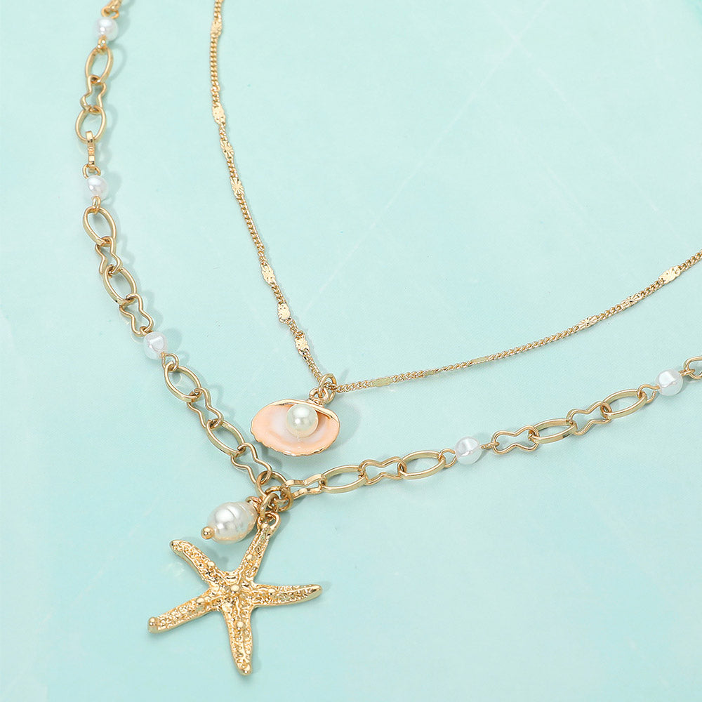Madeline Love Gold Textured Metal Starfish Pearl Shell Charm Layered Necklace - Necklaces