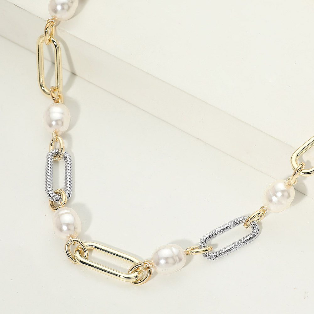 Madeline Love Gold, Silver 14K Gold Plated Pearl Station Two Tone Oval Link Chain Necklace