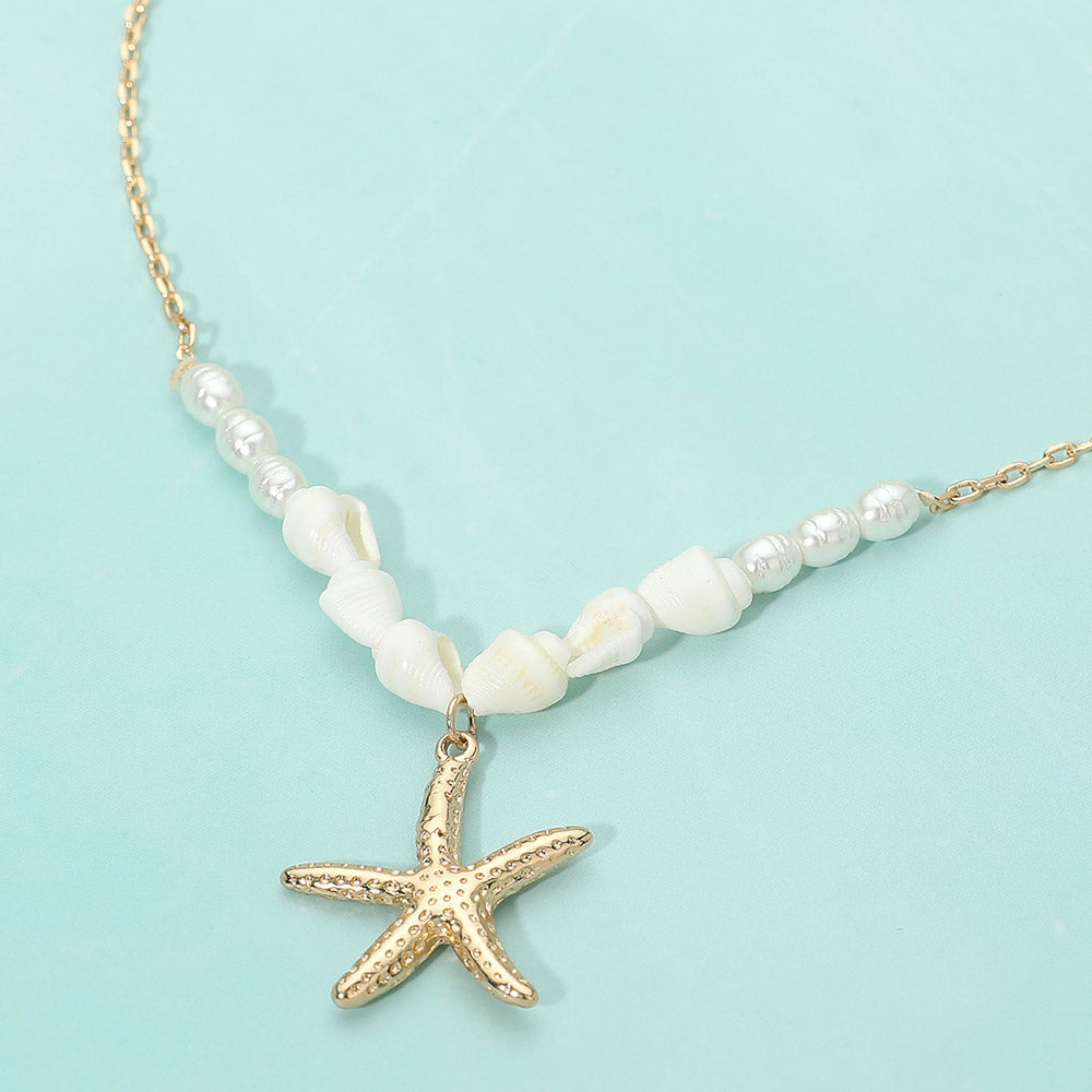 Madeline Love Gold Textured Metal Starfish Charm Pendant Pearl Beaded Necklace - Necklaces