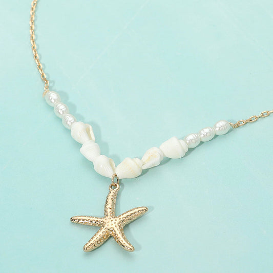 Madeline Love Gold Textured Metal Starfish Charm Pendant Pearl Beaded Necklace - Necklaces