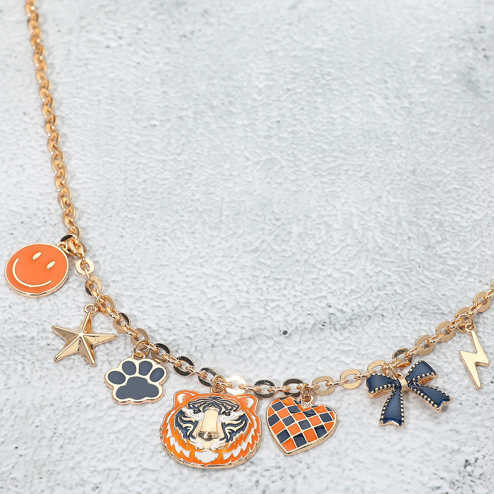 Madeline Love Gold, Navy, Orange Gameday Animal Mascot Bow Star Heart Smile Face Bolt Charm Station Necklace - Necklaces
