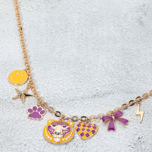 Madeline Love Gold, Purple , Yellow Gameday Animal Mascot Bow Star Heart Smile Face Bolt Charm Station Necklace - Necklaces
