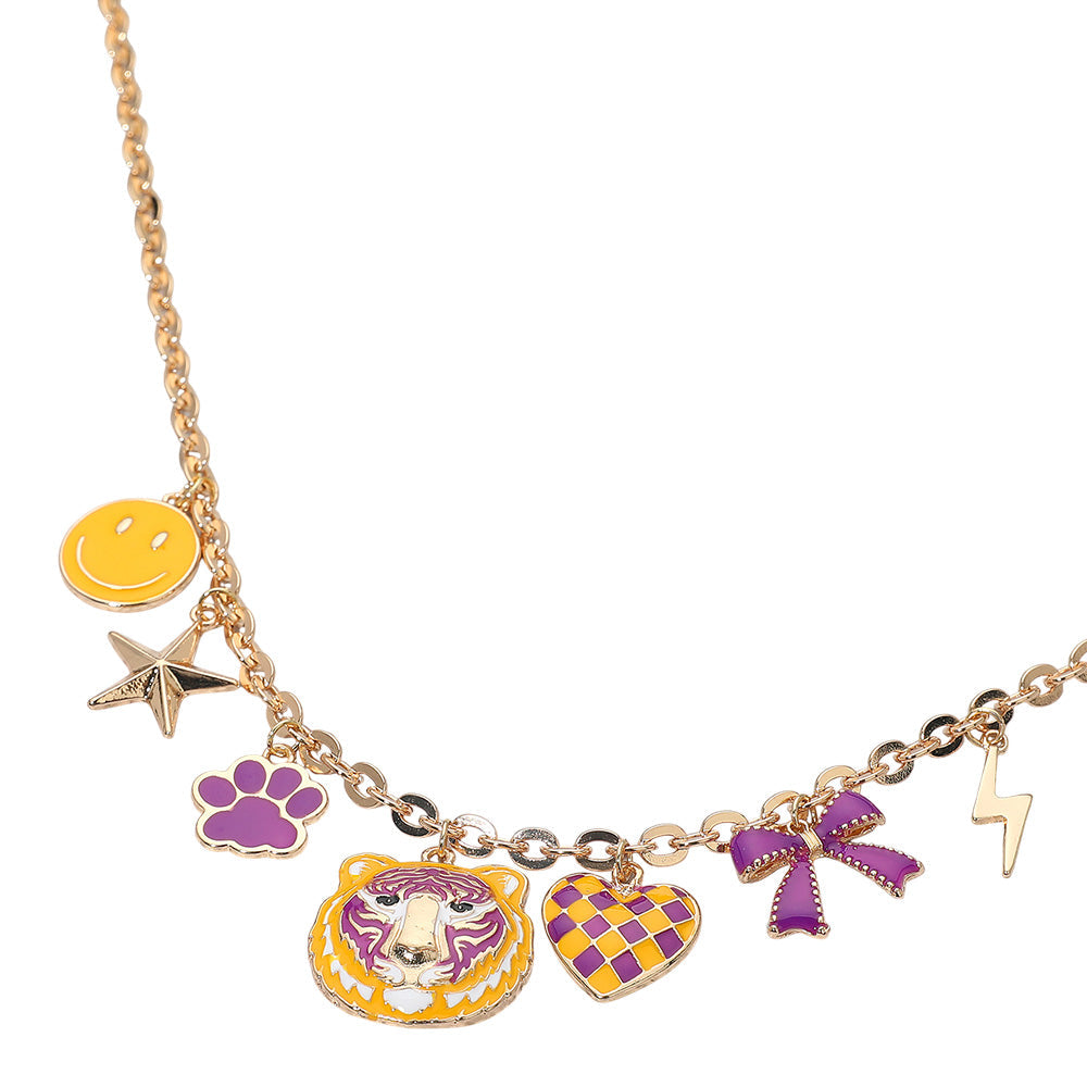 Madeline Love Gold, Purple , Yellow Gameday Animal Mascot Bow Star Heart Smile Face Bolt Charm Station Necklace - Necklaces - desc