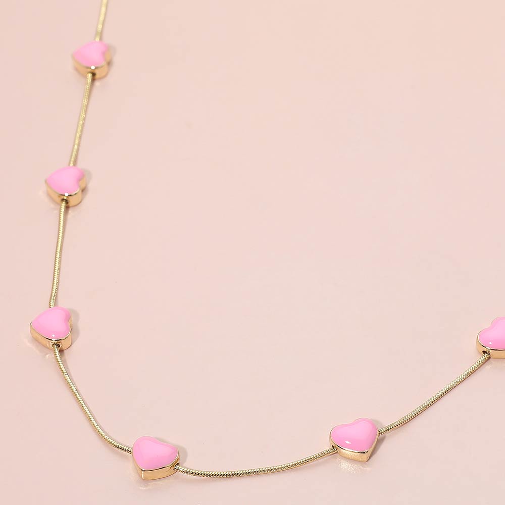 Madeline Love Pink Enamel Heart Charm Station Necklace - Necklaces