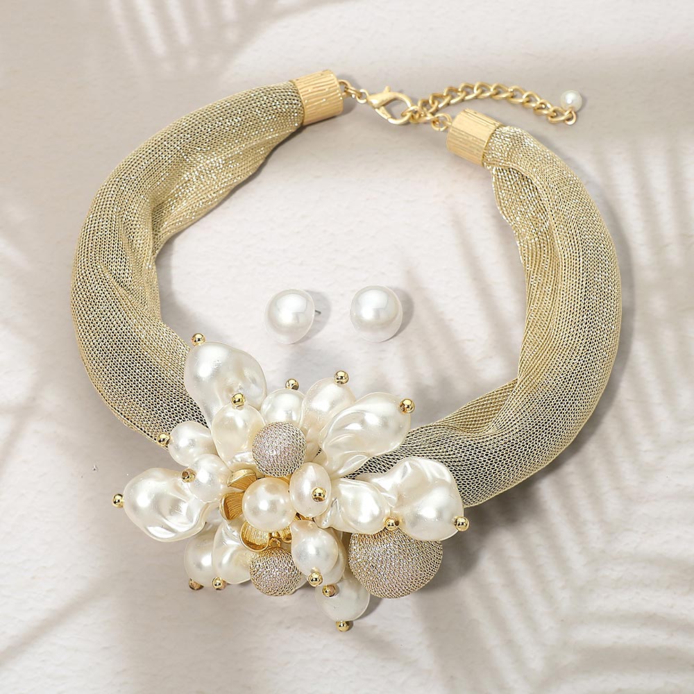 Madeline Love Gold Bold Pearl Cluster Accent Chunky Mesh Statement Necklace
