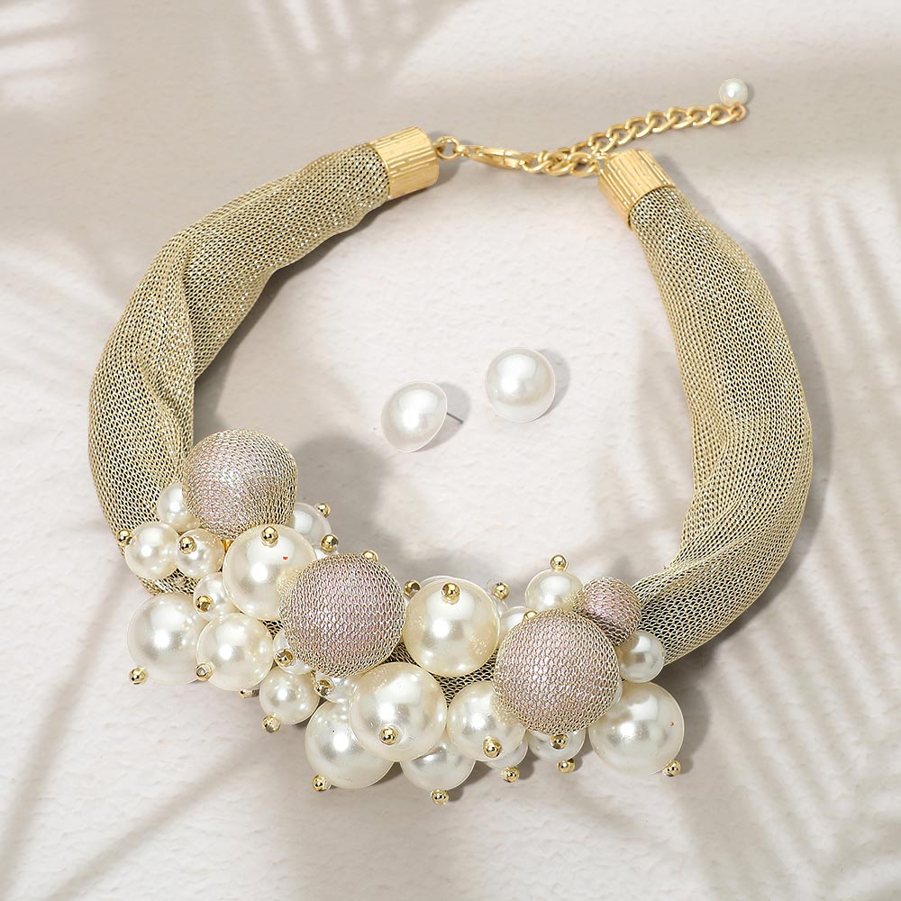 Madeline Love Gold Bold Pearl Cluster Embellished Accent Chunky Mesh Statement Necklace