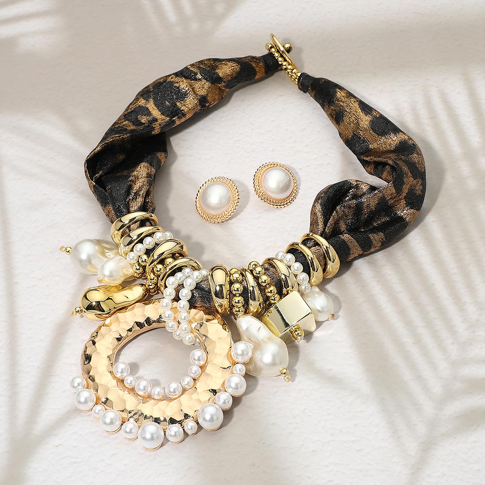 Madeline Love Brown Bold Pearl Embellished Ring Multi Beaded Fabric Scarf Statement Necklace