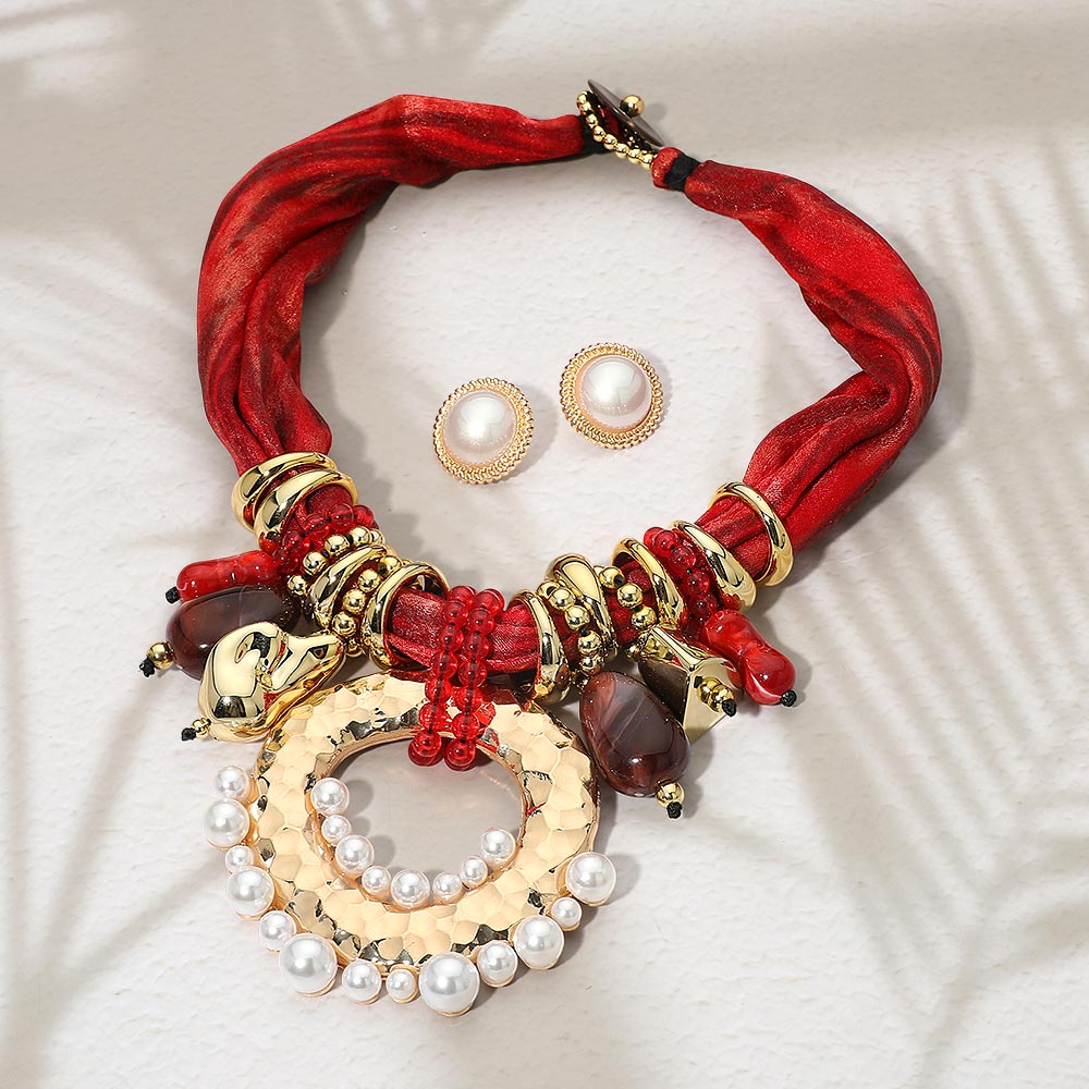Madeline Love Burgundy Bold Pearl Embellished Ring Multi Beaded Fabric Scarf Statement Necklace