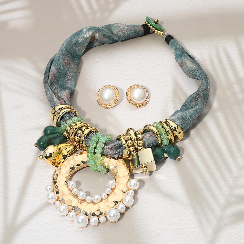 Madeline Love Gray Bold Pearl Embellished Ring Multi Beaded Fabric Scarf Statement Necklace