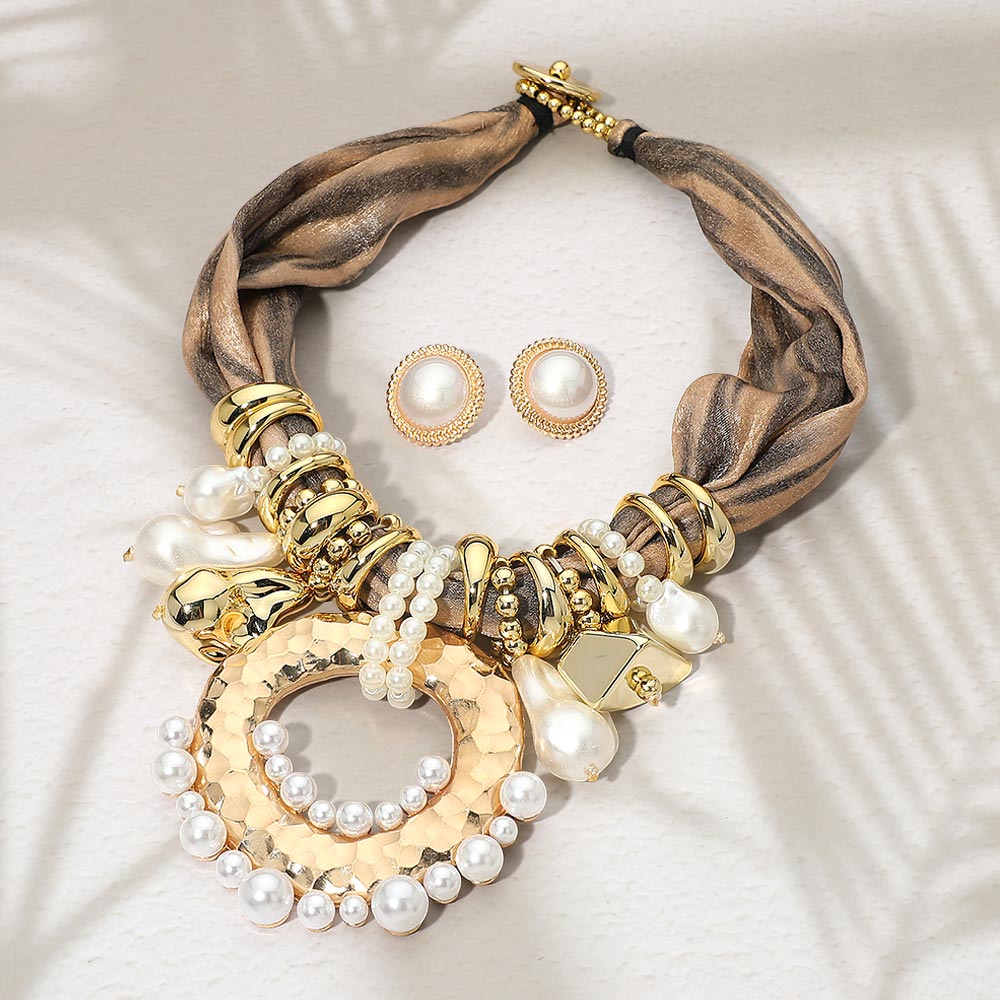 Madeline Love Gold Bold Pearl Embellished Ring Multi Beaded Fabric Scarf Statement Necklace