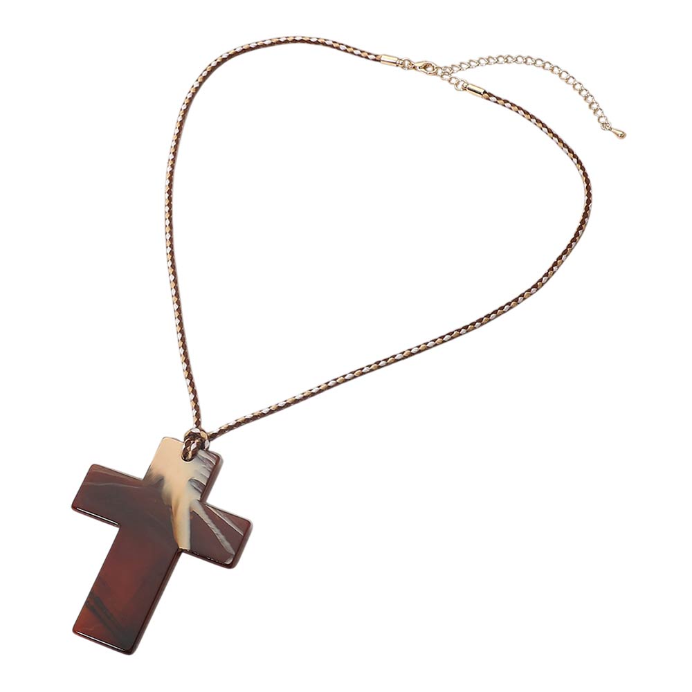 Madeline Love Brown Resin Cross Pendant Cord Necklace - Necklaces - desc